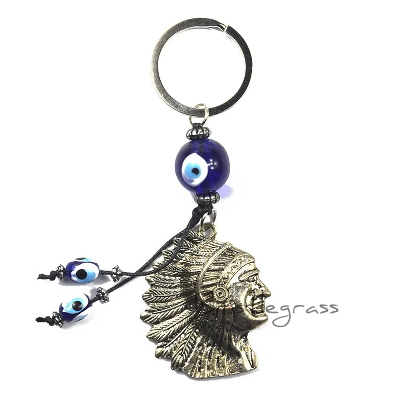 

BRISTLEGRASS Turkish Blue Evil Eye Indian Head Keychain Car Key Chain Ring Holder Amulet Pendant Lucky Charm Blessing Protection