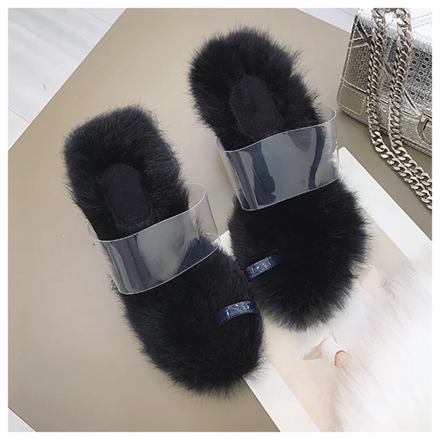 fluffy high heeled black slippers