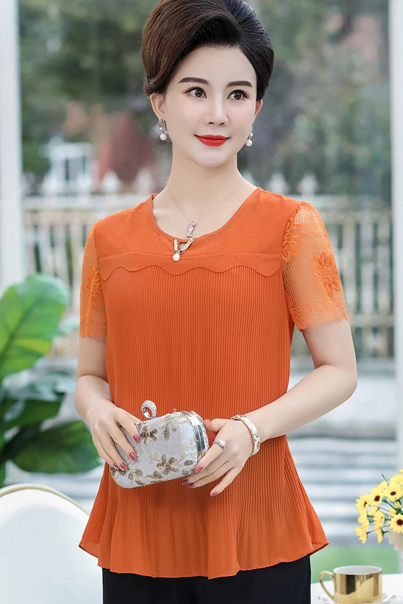 

Middle-Aged Women New Summer Top Chiffon Blouse Shirt Solid O-Neck Plus Size 5xl Loose Casual Blouse Women F404