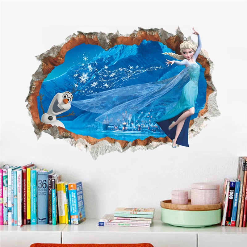 Cartoon Olaf & Elsa Queen 3d Broken Hole Wall Stickers For Home Decoration Frozen Anime Movie Mural Art Kids Room Wall Decals