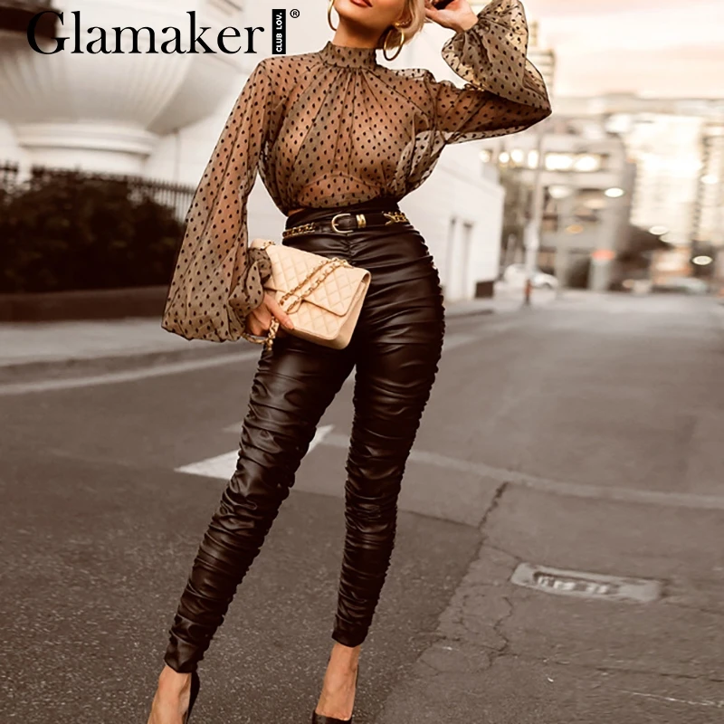 Женская шифоновая блузка Glamaker черная Повседневная Блузка в горошек с длинным