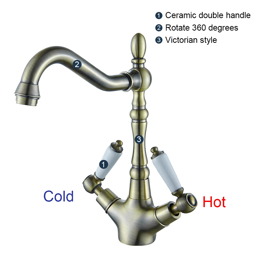 Everso Ретро Стиль двойная ручка Кухня кран Античная Латунь горячей и холодной водопроводной воды 360 градусов вращающийся