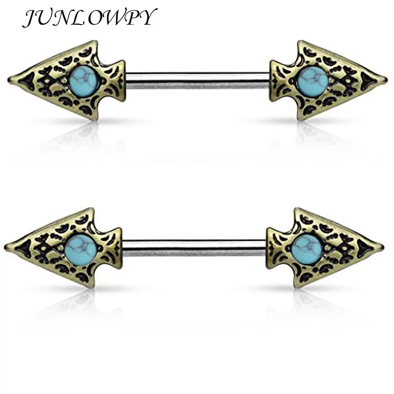 Junlowpy Trendy Sexy Barbell Spike Turqoise Nipple Rings Polished Body