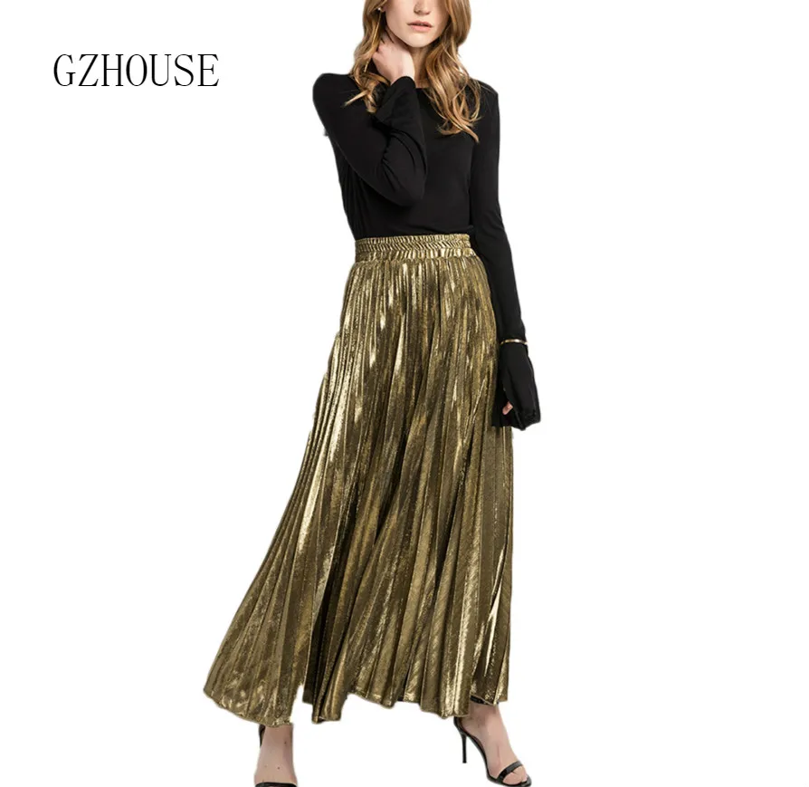 

Spring Women Pleated Skirt Shining Big Size Fashion Casual Party Vintage Skirt High Waist Pleated Long Silver Gold Skirt Tutu