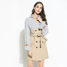2019 new fake two-piece waist tie lapel stitching dress fashion striped double-breasted temperament women's clothing 2019 new fake two-piece waist tie lapel stitching dress fashion striped double-breasted temperament women's clothing