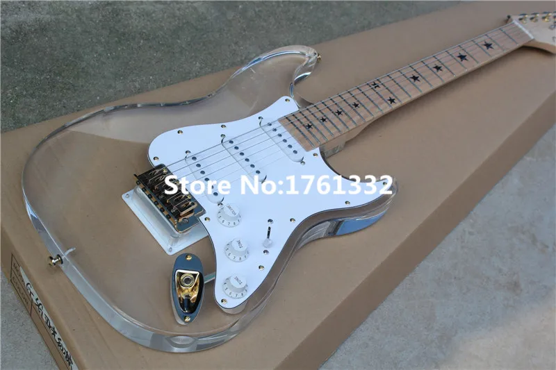 

Wholesale 6 strings Acrylic body pentagram electric guitar with golden hardware,3 single pickups,white pickguard,can be changed