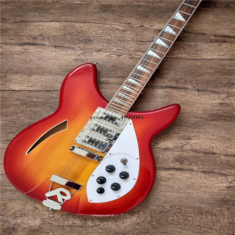 

High quality, customized 6-string jazz electric guitar, knife-shape articulator with half-hollow body, red and yellow gradient,