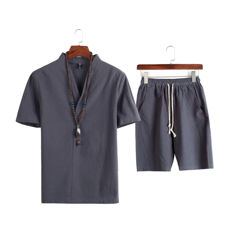 

#3411 Cotton Linen Tracksuit Men Short T Shirt And Shorts Two Piece Set Casual Plus Size 5XL Chinese Style Plus Size 4XL 5XL