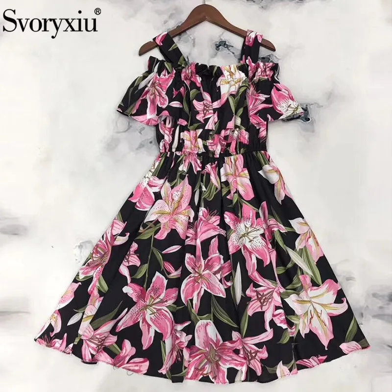 

Svoryxiu Runway New Summer Cotton lily Flower Print Dress Women's Casual Holiday Off Shoulder Spaghetti Strap Dress