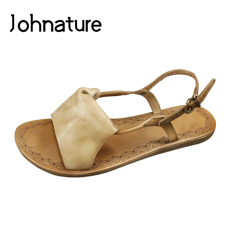 

Johnature Genuine Leather Casual Buckle Strap Summer New Sandals Solid Sewing Retro Flat With Rivet Comfortable Women Shoes