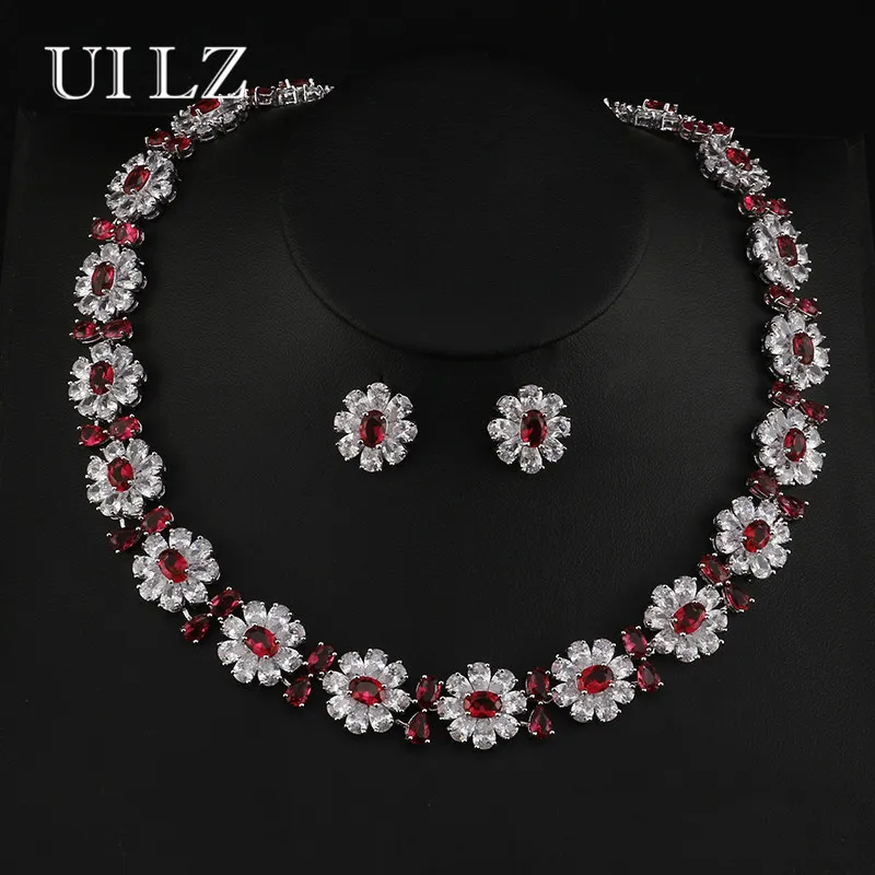 

UILZ Fashion Wedding Jewelry Set With Top Quality CZ 2 Pcs Flower Shape Earring Necklace Set For Women Wholesale US240
