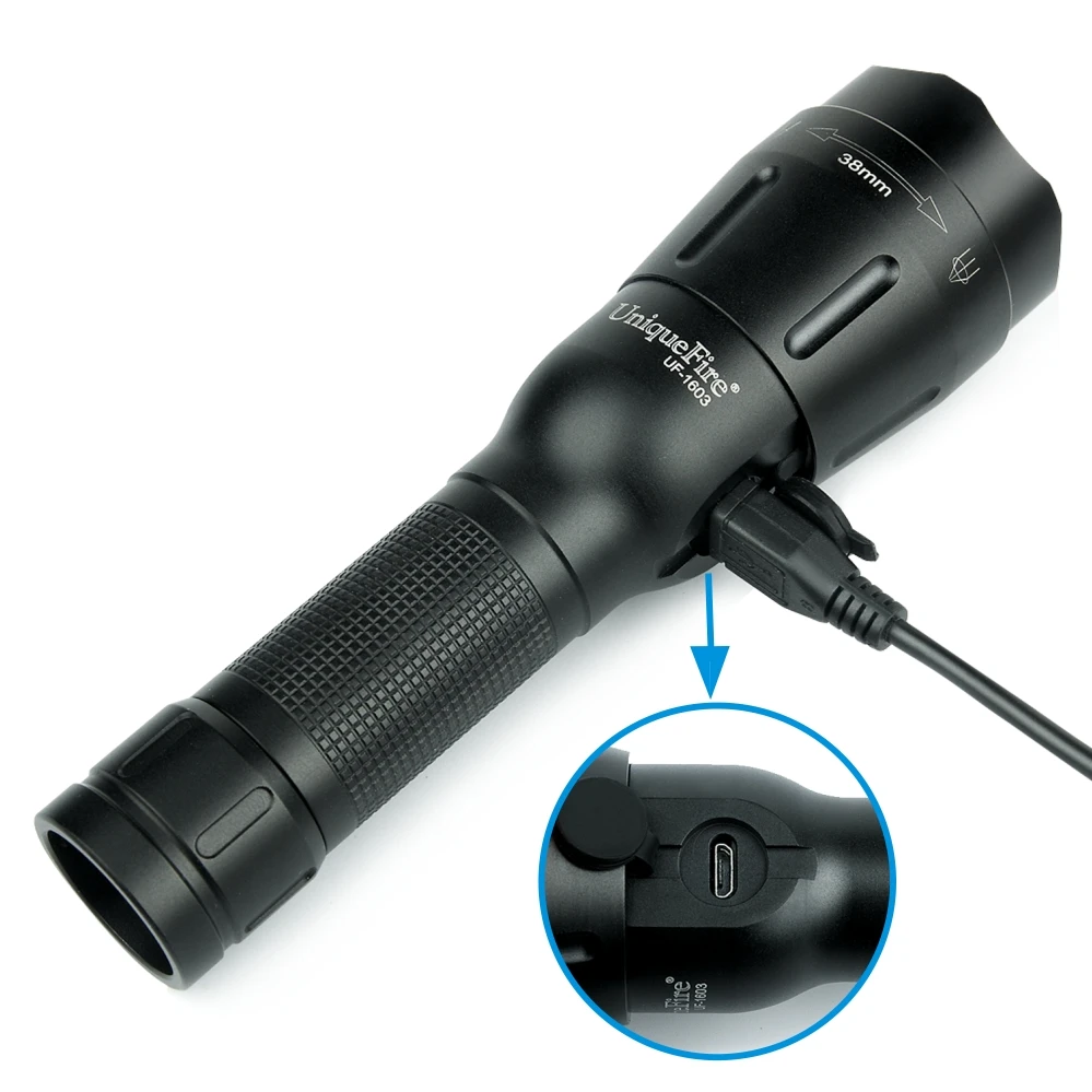 

UnqiueFire 1603 XM-L2 LED 1200 Lumen Adjustable 4 Modes USB Rechargeable Flashlight 38 mm Lens USB Charging Cable