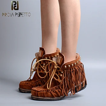 

Prova Perfetto Euramerican Narrow Band Fringe Ankle Boots Pleated Round Toe With Metal Rivets Studded Lace Up Short Boots Flats