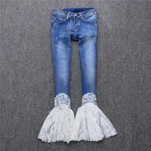 Новое поступление блестками Bling кружевное пэтчворк джинсы, женские flare кружевные узкие джинсы