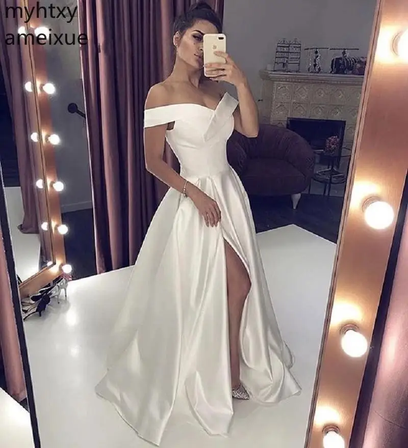 

New Plus Size White Evening Dresses For Women Sexy Cheap 2019 A-line Side Slit High Quality Satin Simple Style Robe De Soiree