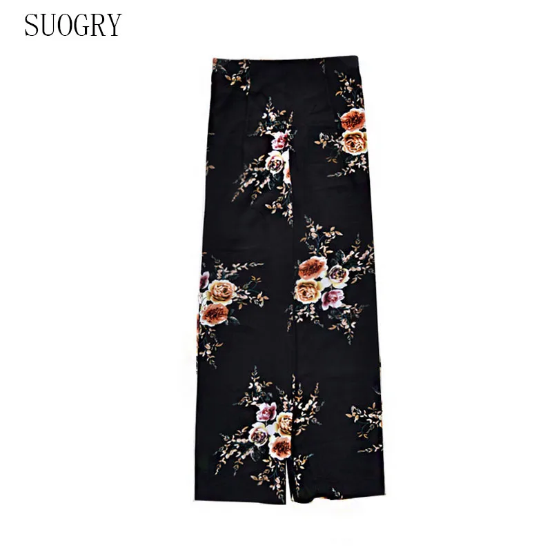 

SUOGRY Print Wide Leg Pants Women Elastic Loose Boho Casual Pants Trousers Beach Summer Middle-Waisted Pants Female