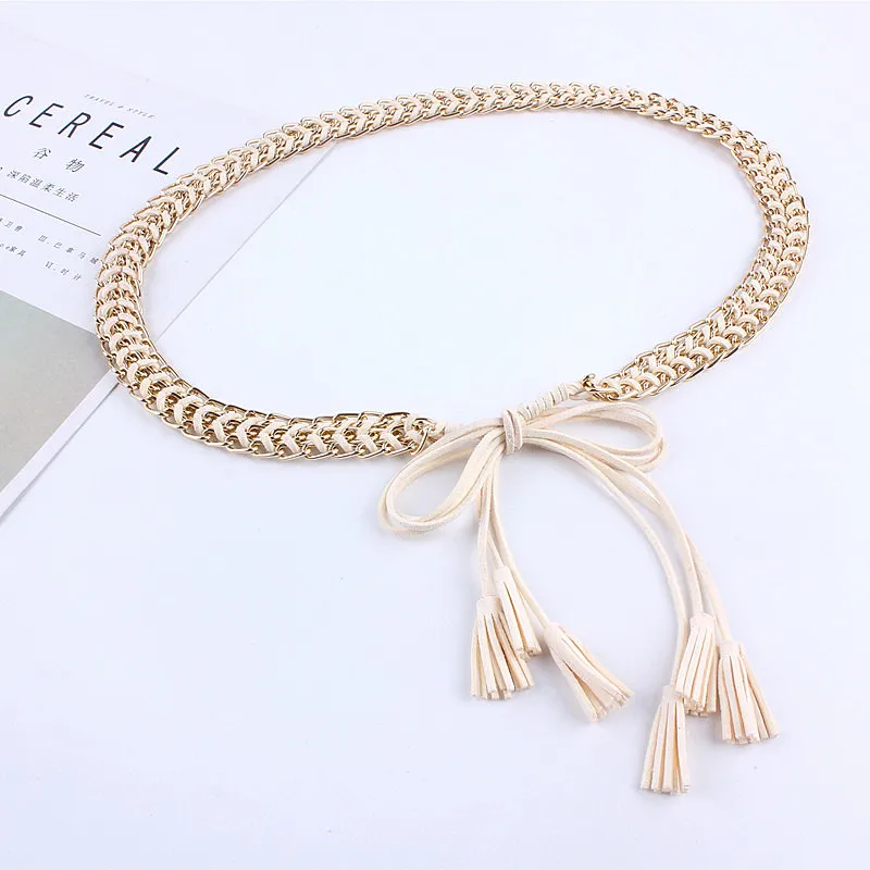 

casual fashion waist rope tassel metal chain belts for women dresses female ladies luxury ceinture femme gold silver plated