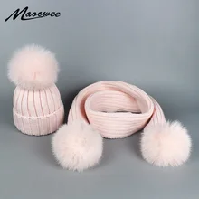 Зимняя шапка, шарф, набор для женщин и девочек, теплые шапочки, Skullies, шарф, Лисий помпон, зимние шапки, вязаные шапки и шарф, комплект из 2 предметов