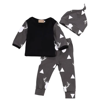 

2020 New Children Christmas Suit T-Shirts Pants Hat Sleepwear Grey Long Sleeve Elk Printed Suit
