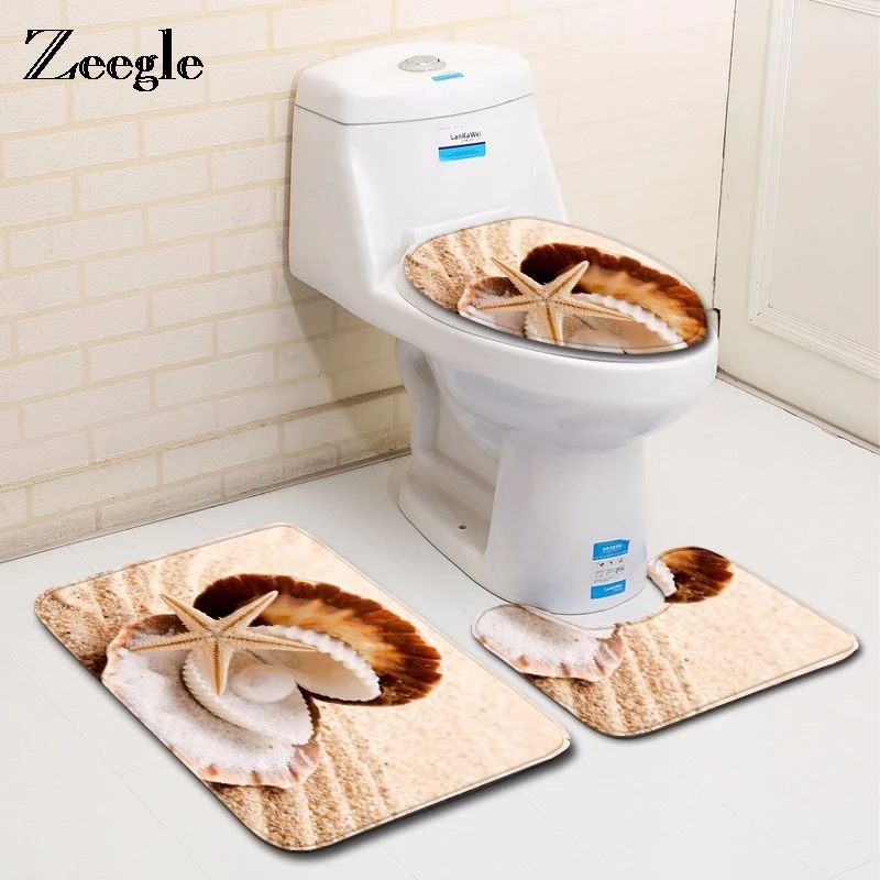 

Zeegle Shell Printed 3Pcs Bathroom Mat Toilet Rugs Non-slip Bathroom Floor Mats Bath Carpet Absorbent Carpet For Bathroom
