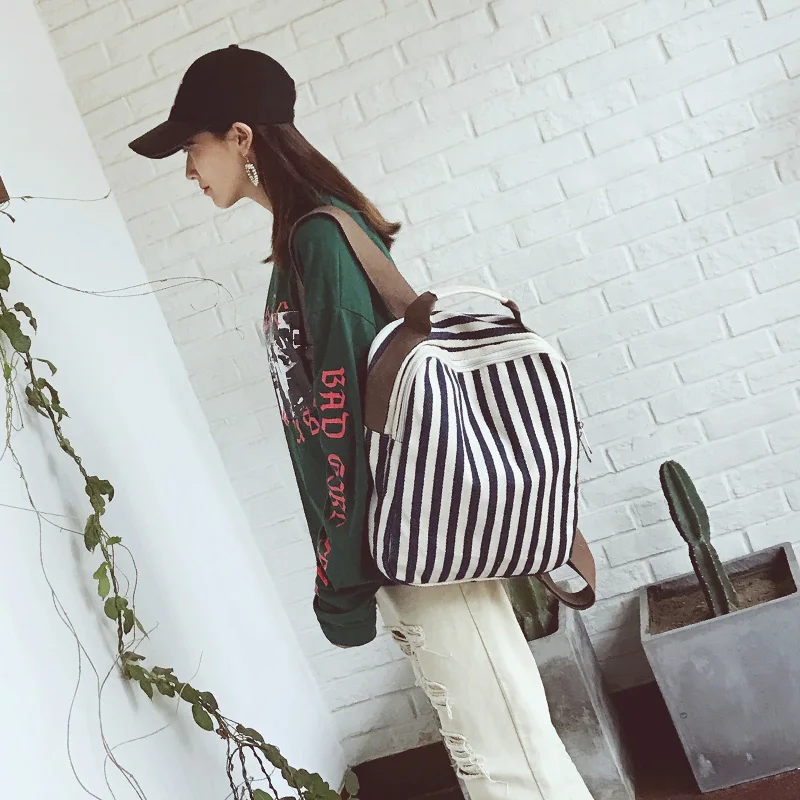 Korean Style New Fashion Backpack Women Stripe Panelled Preppy Style School Bag Leisure Backpack High Capacity