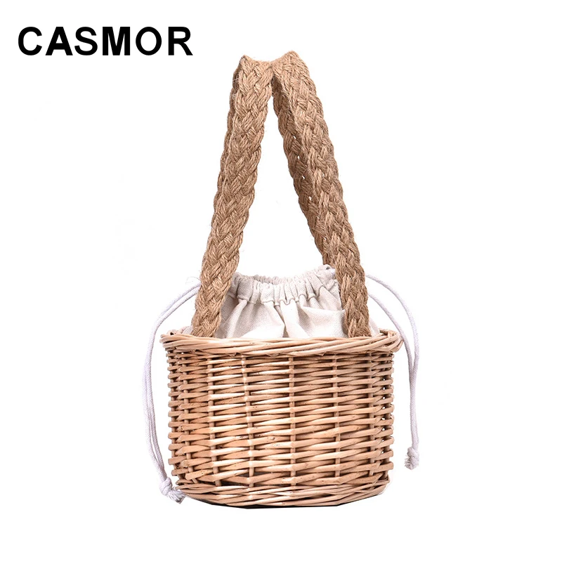 

CASMOR Women Summer Vintage Basket 2019 Brand Designer Beach Handbags Fashion Knitting Top Handle Barrel Bag Female Totes