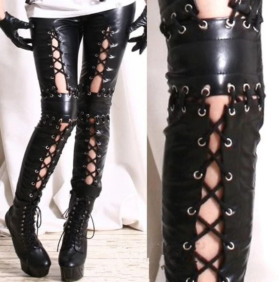 

2016 Female Black Faux leather punk rock Sexy bandage Dance trousers for women motorcycle tight low-waist Skinny Pencil pants
