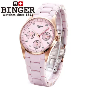 New Arrival Original Luxury Brand Binger Quartz Watch Female steel Sapphire Waterproof Analog Wristwatch Light Pink