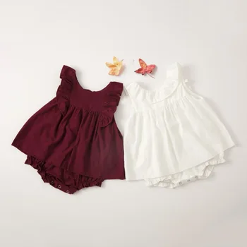 

Newborn Baby Girls Romper Dress Jumpsuit Outfits Casual Ruffle Sleeve Bandage Clothes White Red Wine Baby Clothes 0-36 Month
