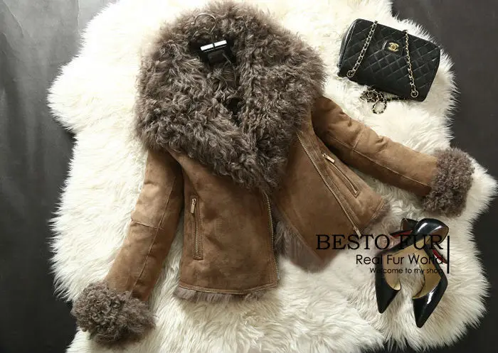 

GTC200 New Arrival winter Women Natural Lambskin Shearling Coat With Lamb Fur Collar Double-faced Fur & Suede Jacket Outerwear
