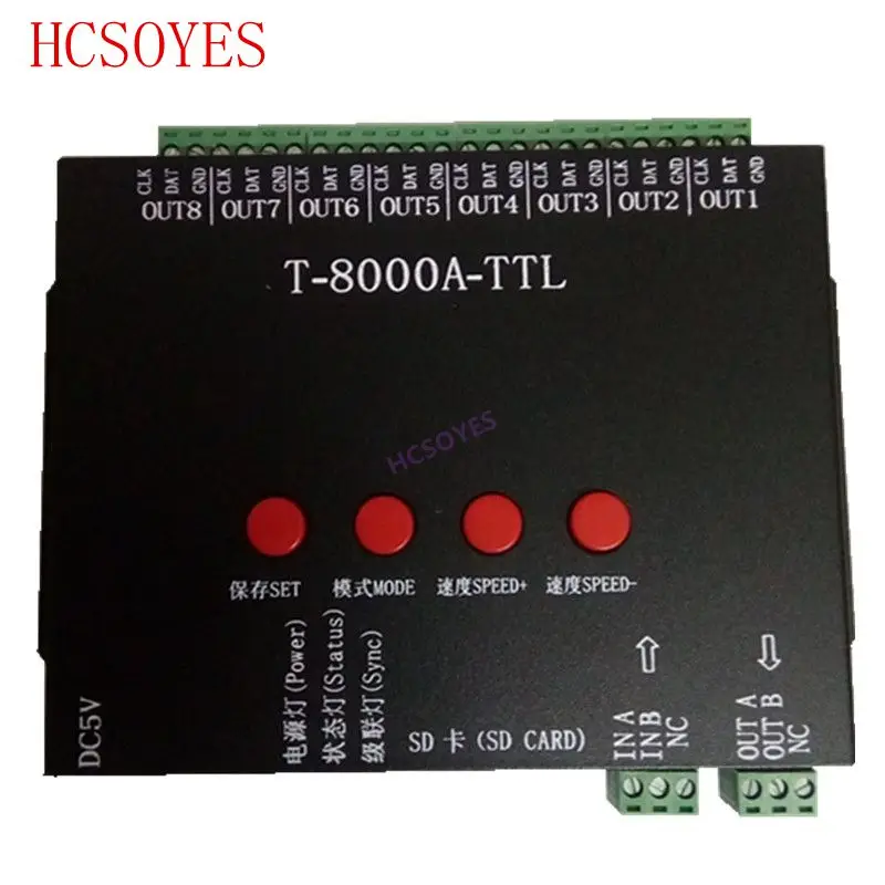

1pcs T-8000A-TTL 8192 Pixel rgb LED Controller For ws2812b/WS2811/WS2813/ TM1804/LPD6803/DMX512 Strip T8000A & 5V 2A led adapter