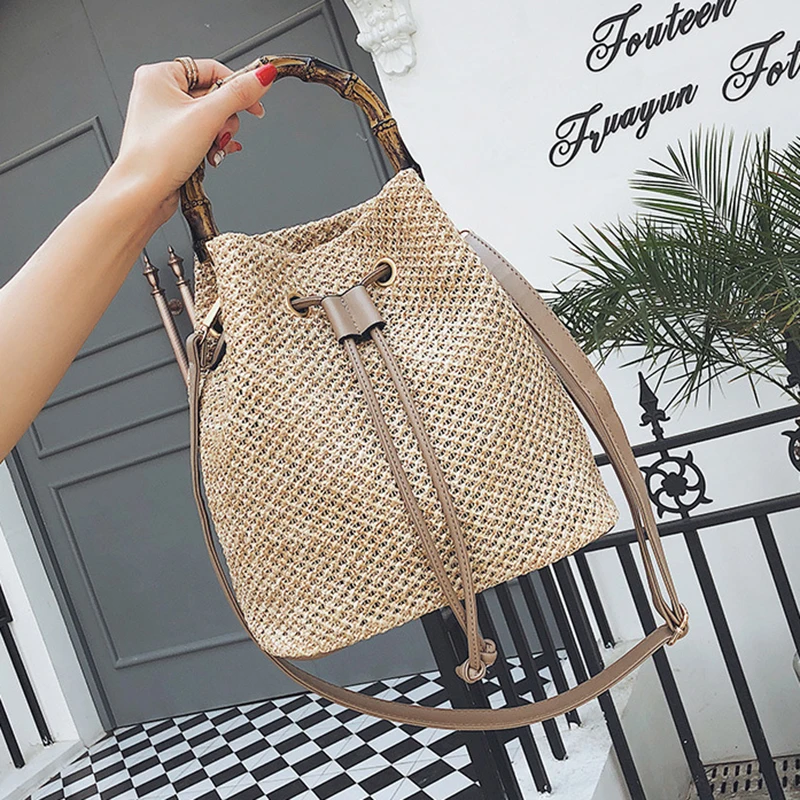 

Casual Bamboo Handle Drawstring Women's Straw Bucket Bag Summer Woven Shoulder Messenger Bags Purse Beach Handbag Straw Handbags