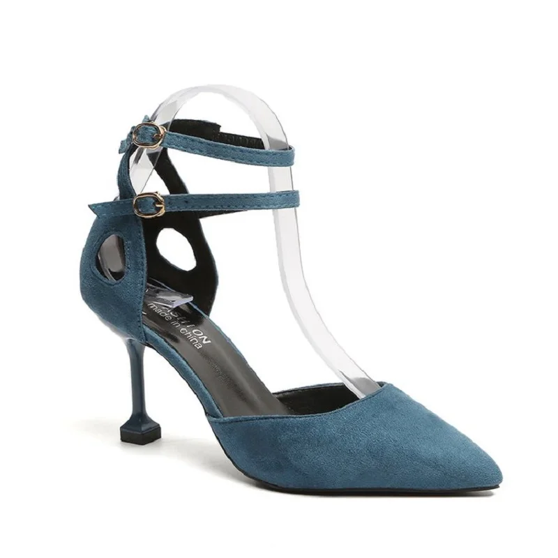 2019 spring and summer new one-button buckle stiletto with wild black high-heeled ladies sandals
