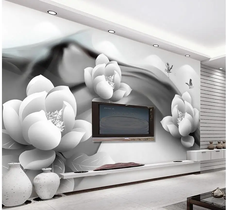 

Custom any size Black and white ink lotus butterfly simple 3d TV backdrop 3d murals wallpaper for living room