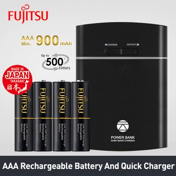

Fujitsu Low Self Discharge 4Pcs/Pack 1.2V Ni-MH AAA Rechargeable Battery 900mAh Made in Japn and Power Bank Quick Charger Sets