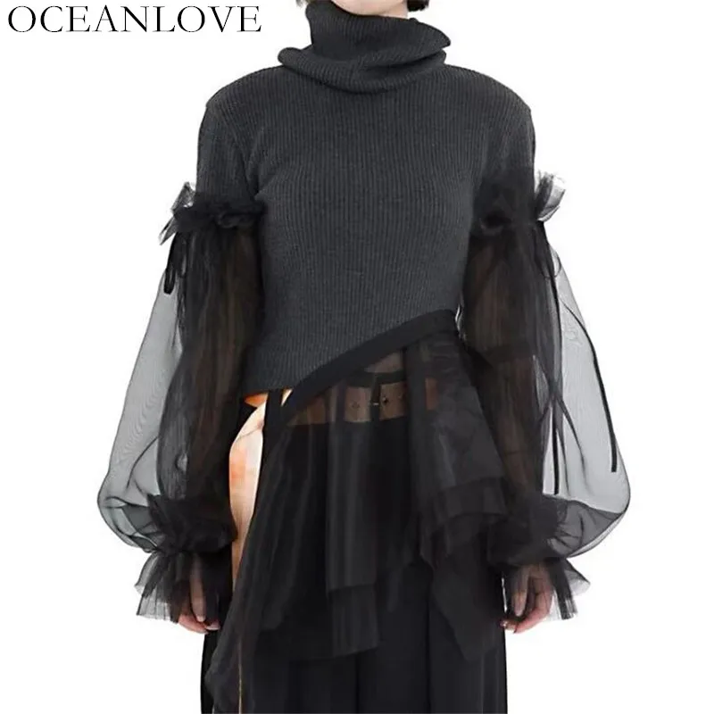 OCEANLOVE Turtleneck Solid Mesh Patchwork Sweater Ruffles Knitting Pullovers Fashion Irregular 2020 Spring Women Tops 10734 | Женская
