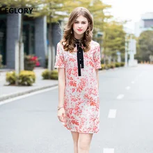 New Korean Style Dress Summer 2018 Ladies Stand Collar Bow Tie Elegant Jewlery Buttons Short Sleeve Casual Print Dress Girls