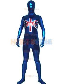 

Shiny Metallic British Flag Pattern Costume Red And Blue Metallic Halloween Costume Fullbody Superhero Zentai Suit