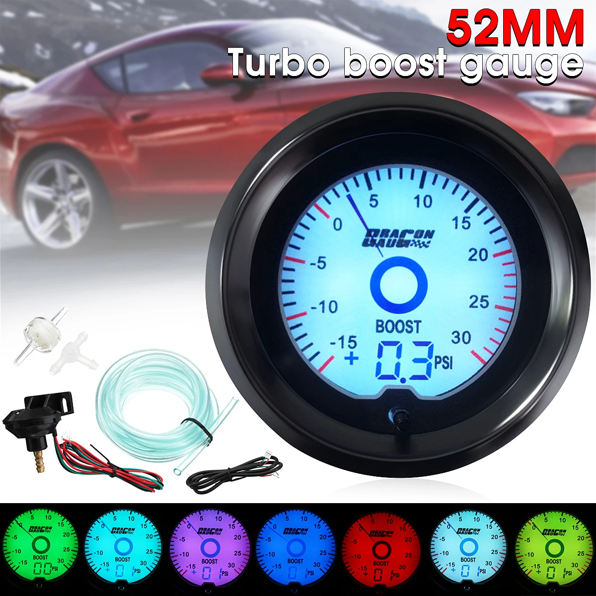 

Universal 2" 52mm PSI Turbo Boost Gauge Digital LED Light Dual Display Car Meter Gauge