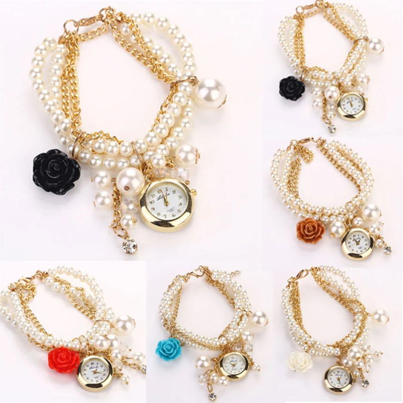

Women Wristwatch Fashion Women Rose Artificial Pearl Bracelet Quartz Wristwatch Watch,Aug 23
