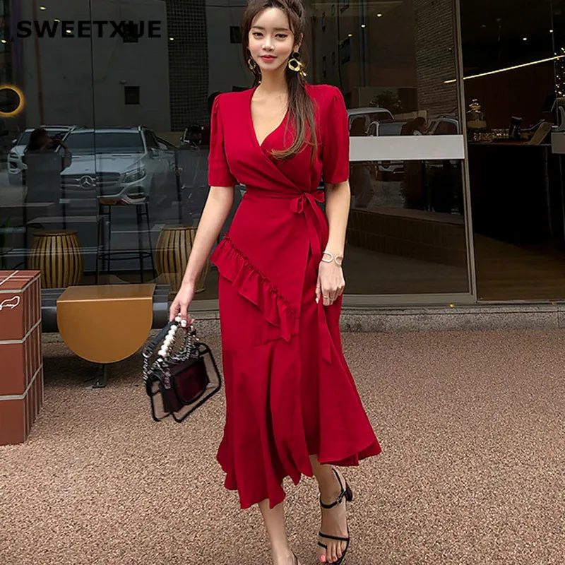 

SWEETXUE Temperament Elegant Solid Color Party Dress 2019 Summer Women Short-Sleeved Bow Tie With Irregular Ruffled Long Dresses