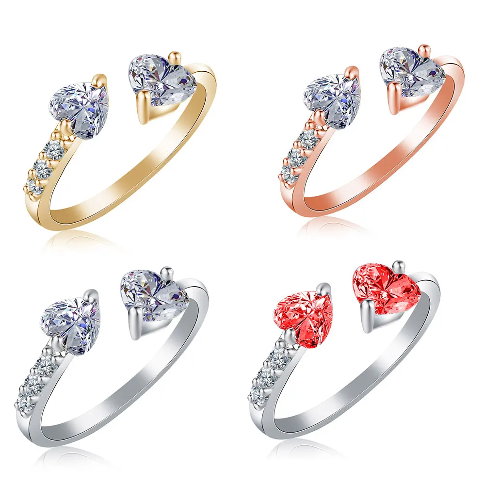 Double Heart Clear Crystal Opening RING for Women Females Ladies Party Engagement Wedding Daily Gold Color Jewelry Accessory | Украшения и