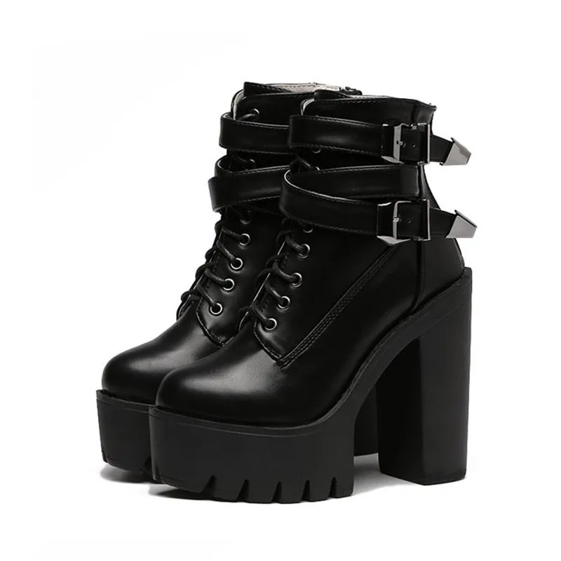

Hip Hop 2018 Autumn Fashion Women Boots High Heels Platform Buckle Lace Up Leather Short Booties Black Ladies Shoes Good Quality