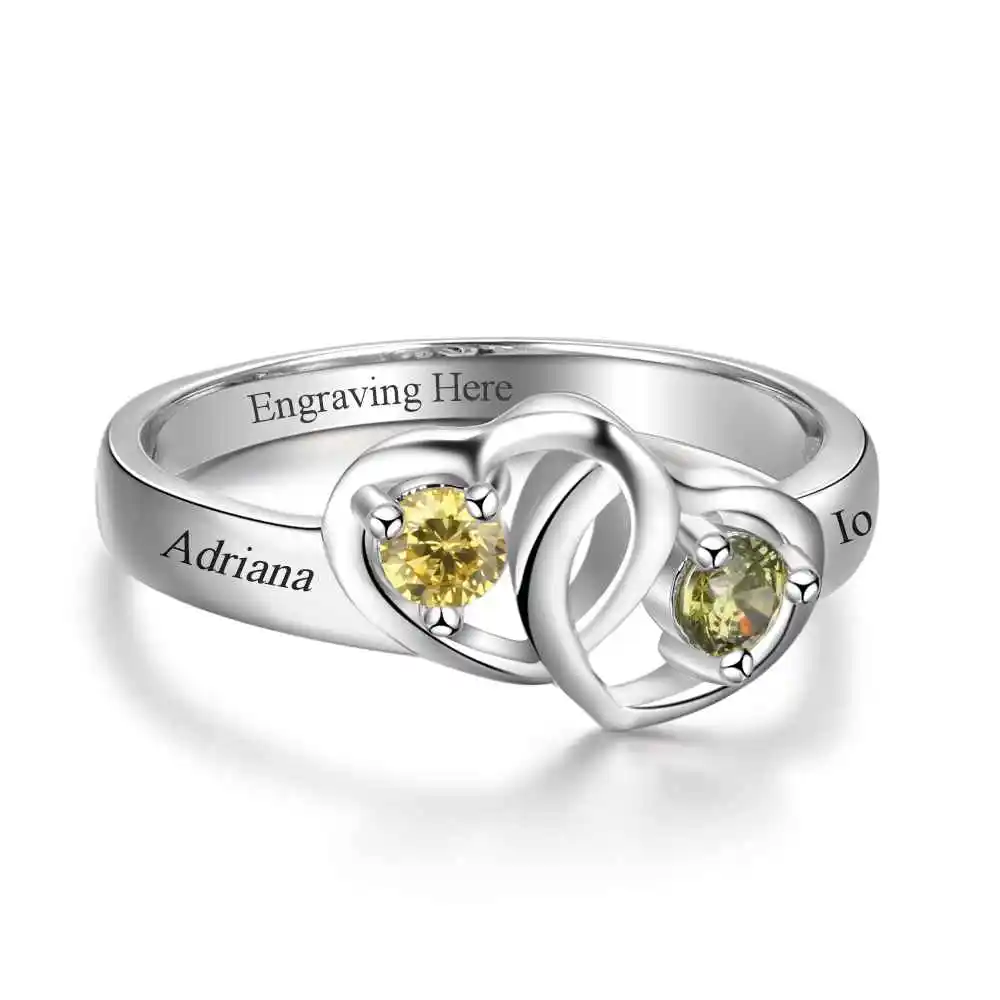 Heart to Heart Personalized Ring Custom Engrave Names & Birthstone Promise Rings 925 Sterling Silver Jewelry (JewelOra RI103273)