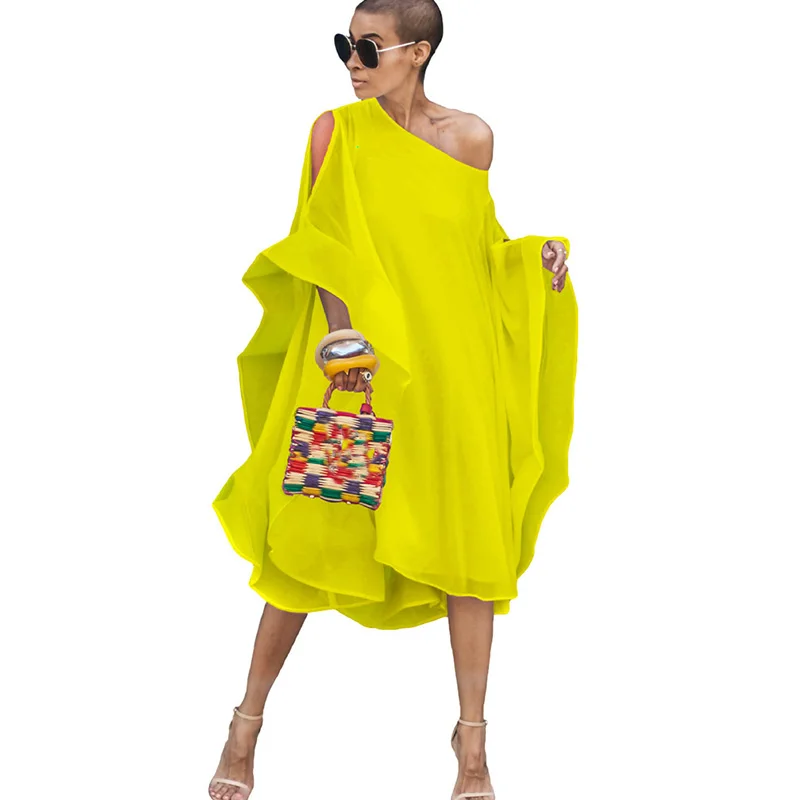 

Women Autumn High Street Chiffon Dress Off Shoulder Batwing Sleeve Loose Knee-length Tunic Dress Elegant Party Dresses Vestidos
