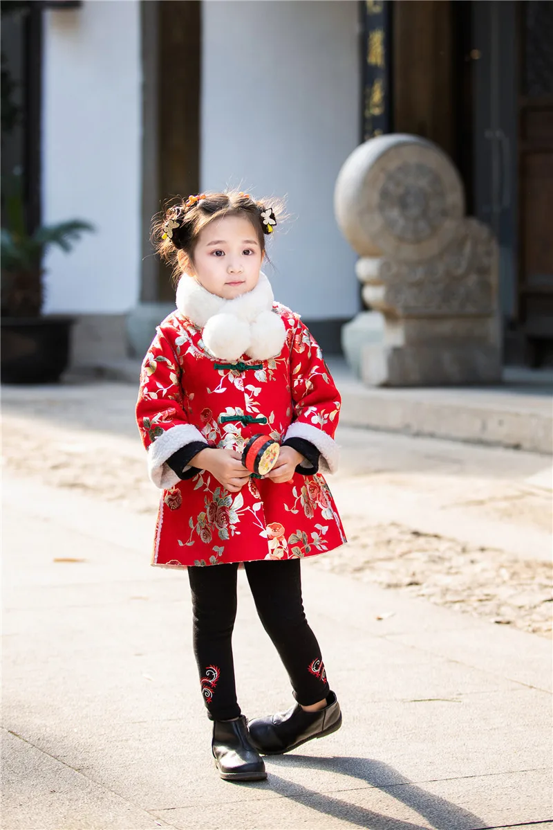 Детская Новогодняя одежда для девочек Китайская традиционная вышивка цветок Тан костюм Cheongsam весеннее праздничное платье принцессы