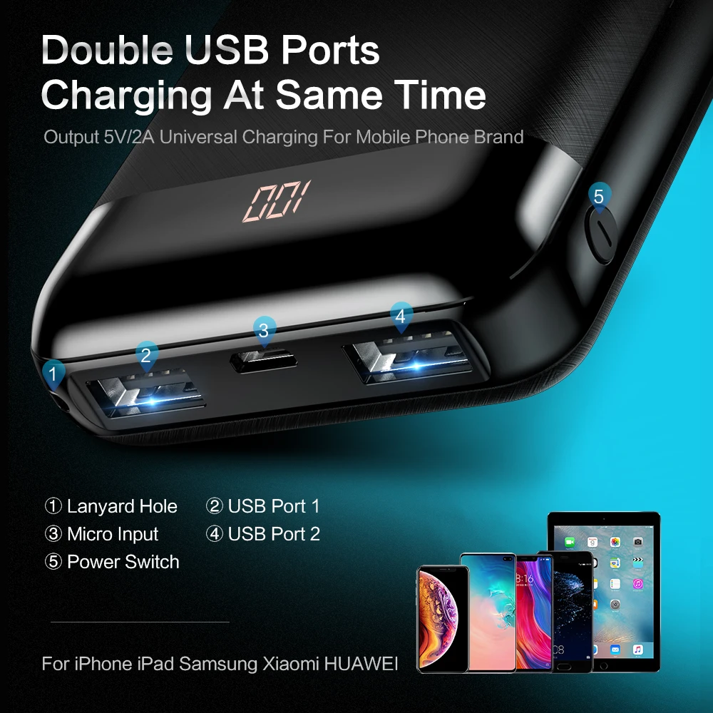 FLOVEME Dual 10000mAh Power Bank Mini 5V 2A быстрая зарядка портативное зарядное устройство для