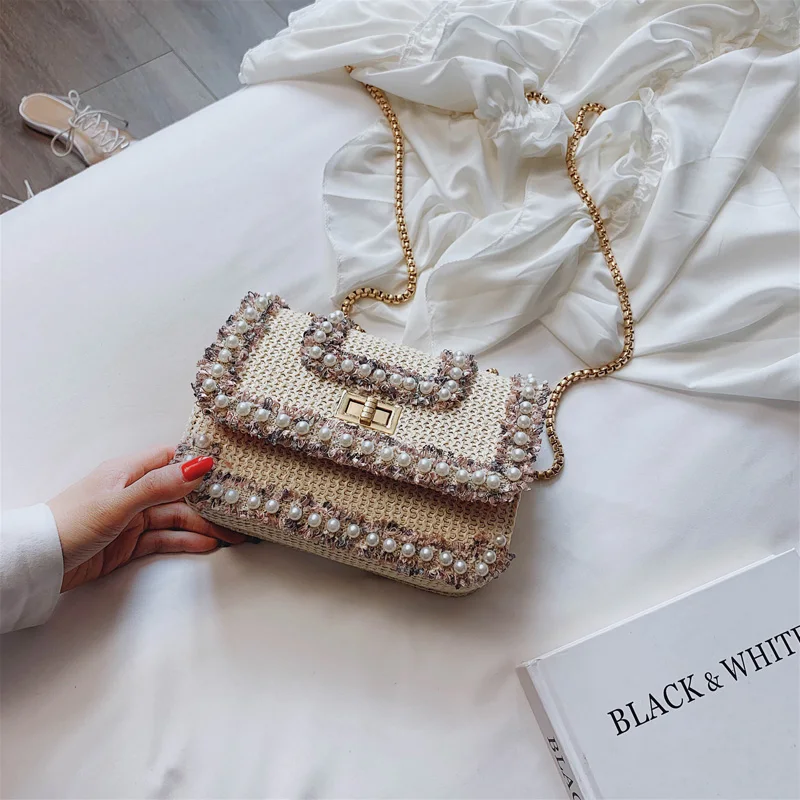 Милая маленькая квадратная сумка с откидной крышкой летняя модная новая качественная женская дизайнерская сумка с жемчужным замком на цепочке сумки через плечо - Цвет: creamy-white