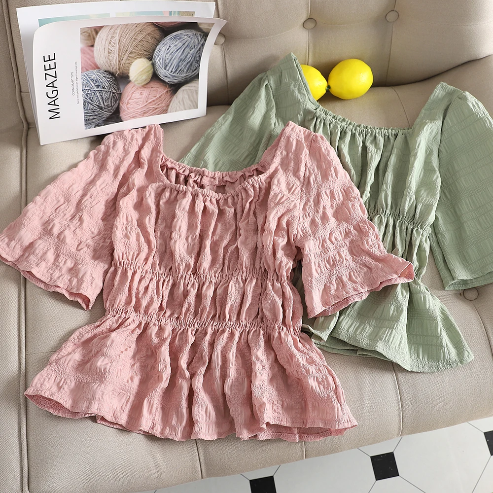 

Women Summer Square Collar Flare Sleeve Basic Ruffles Pleated Shirts New Elegant Short Elastic Slim High Waist Party Blouse Tops