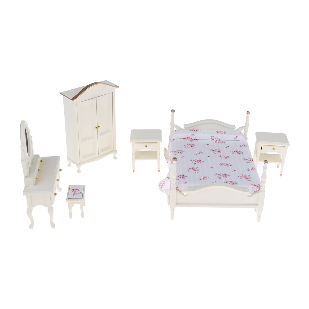 

1:12 Dollhouse Miniature European Style Bedroom Wooden Furniture Kit 6pcs